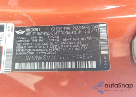 2011 Mini Cooper S z USA, uszkodzony, nr VIN WMWSV3C55BTY24559